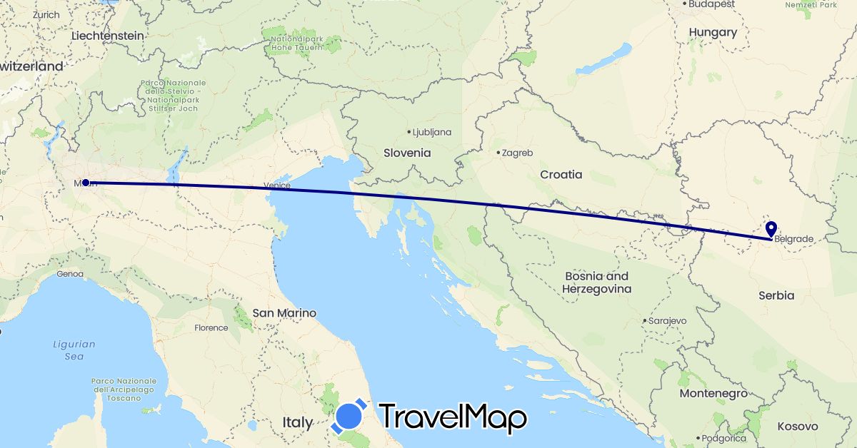 TravelMap itinerary: driving in Italy, Serbia (Europe)
